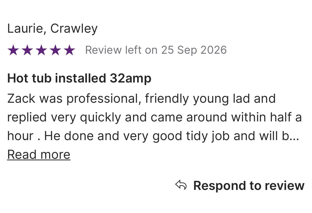 Five-star customer review for a 32 amp hot tub electrical installation in Crawley