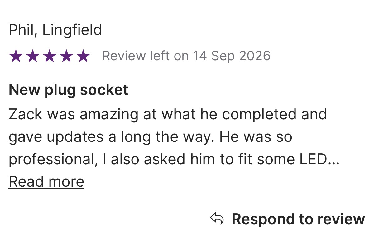 Five-star customer review for a new plug socket installation in Lingfield